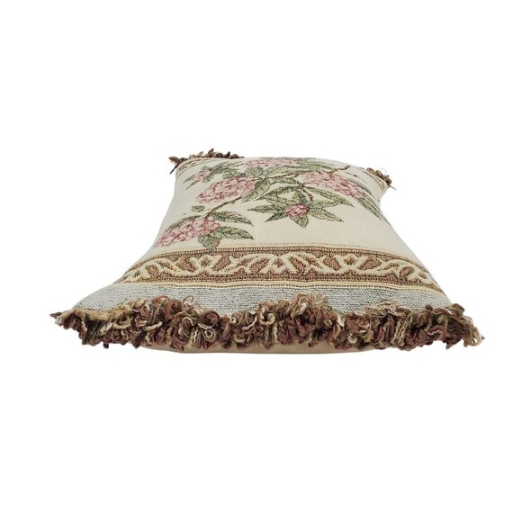 Floral Tapestry Chenille Throw Pillow Fringe Rectangular Beige Pink Hydrangea - Picture 3 of 6